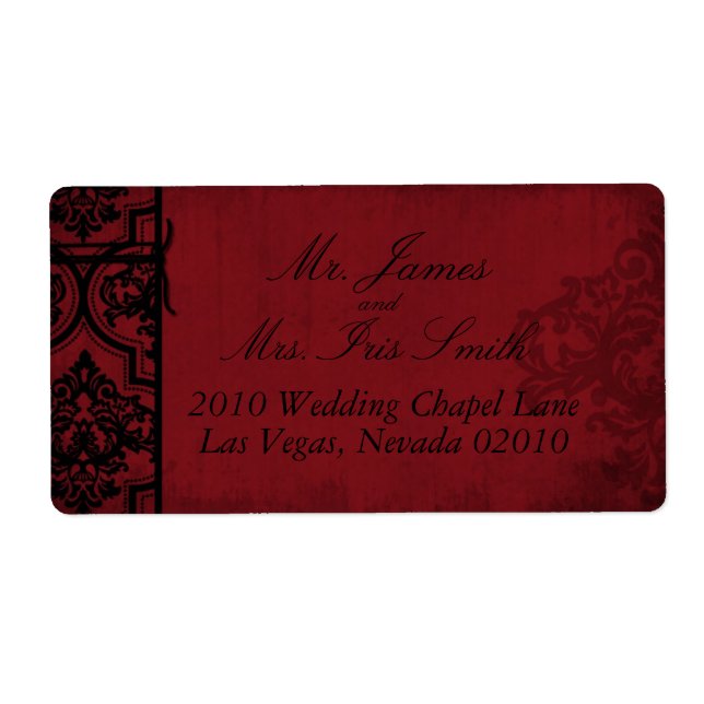 Gothic Red Black Damask-bröllopsetiketter Fraktsedel (Framsidan)