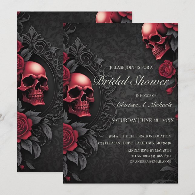 Gothic Red & Black Skull & Rose Bridal Shower Inbjudningar (Fram/baksida)