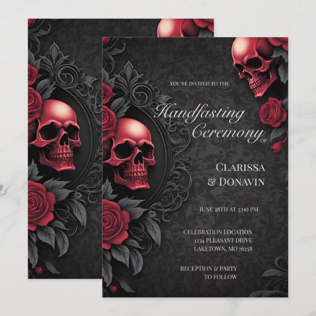 Gothic Red & Black Skull & Rose Damask Handfasting Inbjudningar (Fram/baksida)