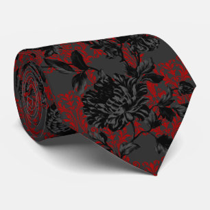 Gothic Red Damask Grått Black Blommigt Bröllop Slips
