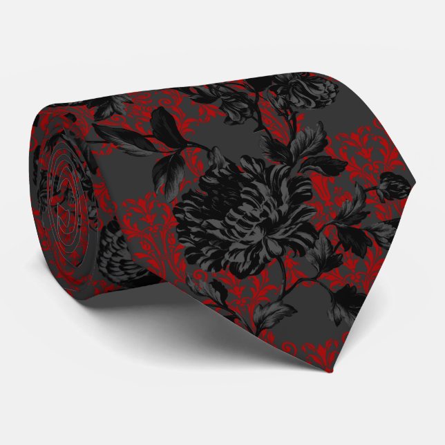 Gothic Red Damask Grått Black Blommigt Bröllop Slips (Rullad)