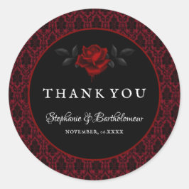 Gothic Red Damask Ros Bröllop Runt Klistermärke