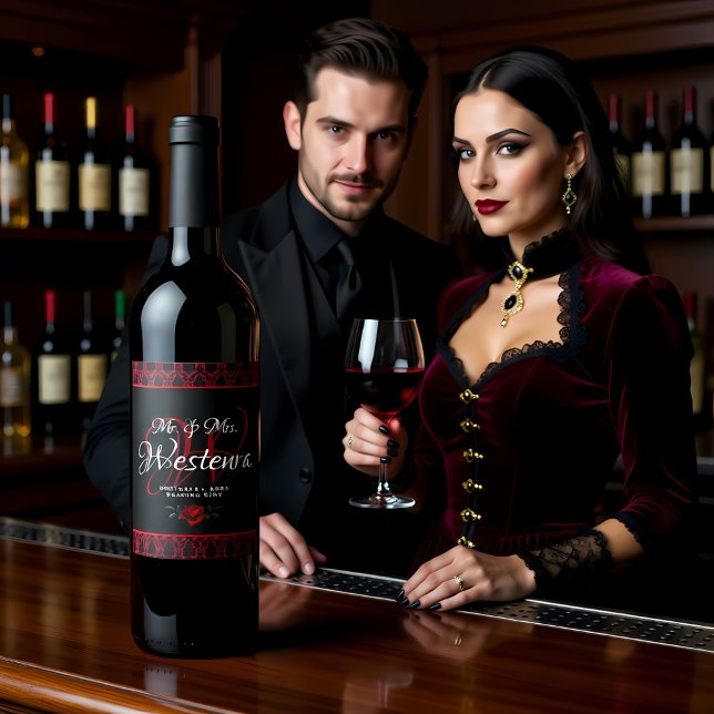 Gothic Red Damask Ros Bröllop Vinflaska Etikett (Skapare uppladdad)