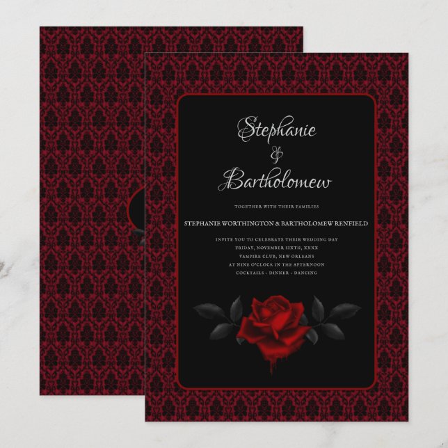 Gothic Red Damask Rose Wedding Inbjudningar (Fram/baksida)