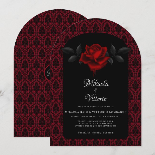 Gothic Red Damask Rose Wedding Inbjudningar (Fram/baksida)