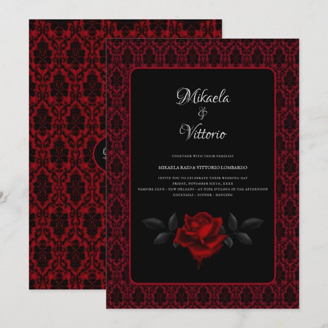Gothic Red Damask Rose Wedding Inbjudningar (Fram/baksida)