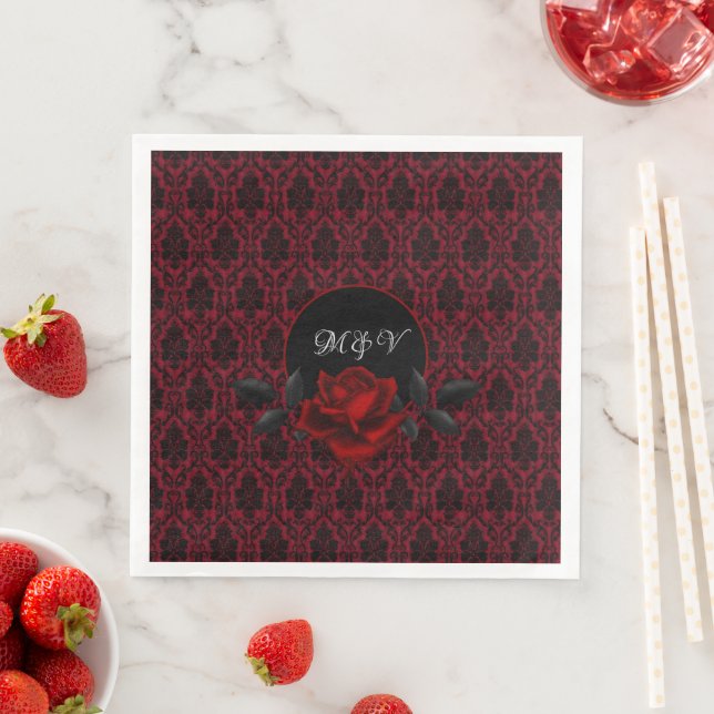 Gothic Red Damask Rose Wedding Pappersservett (Insitu)