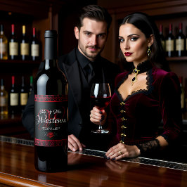 Gothic Red Damask Rose Wedding Vinflaska Etikett