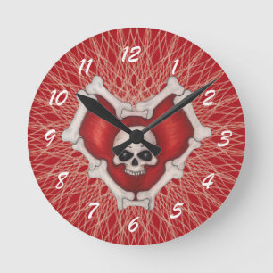 Gothic Red Heart Bones Döskallar Spiral White Linj Rund Klocka