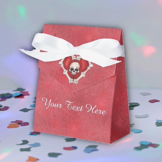 Gothic Red Heart of Bones White Skull Red Shades Presentaskar (Favor box with ribbon in red starburst pattern with Gothic red heart of bones and skull .)