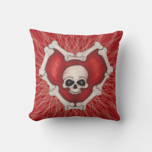 Gothic Red Heart på Spiral White Skull och Bones Kudde
