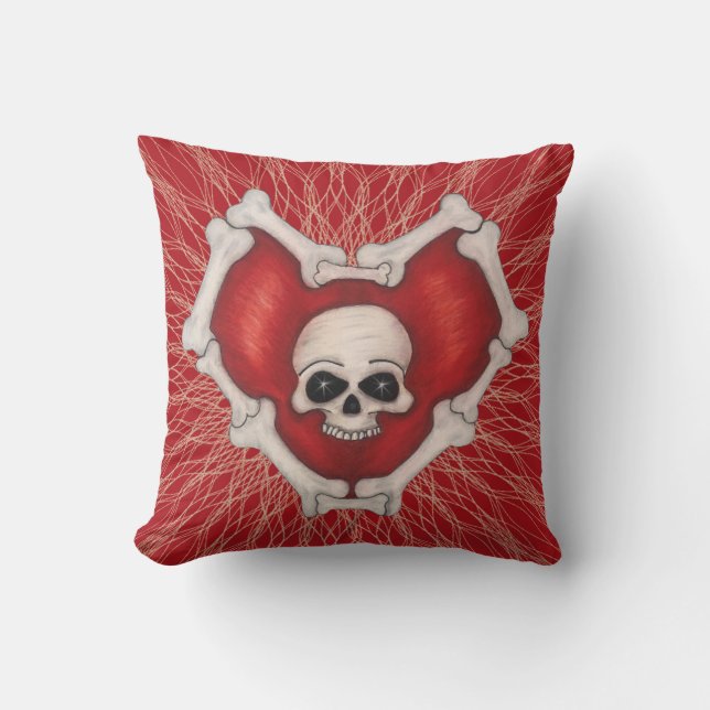 Gothic Red Heart på Spiral White Skull och Bones Kudde (Framsida)