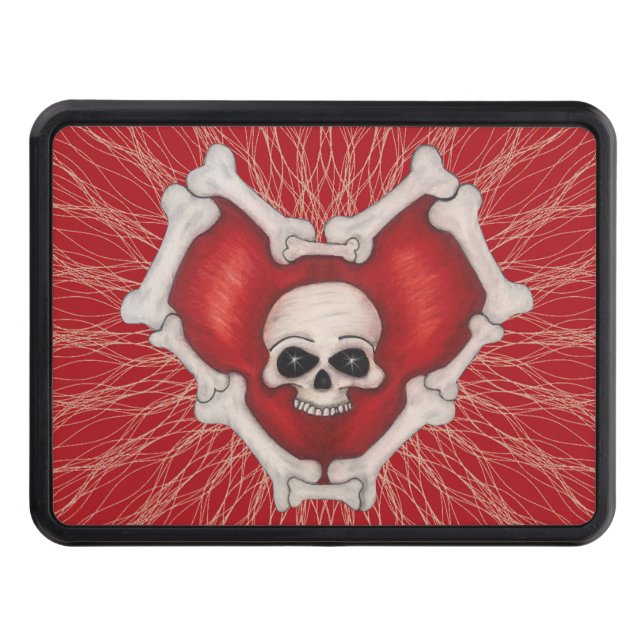 Gothic Red Heart Skull och Bones Spidery Linjer Dragkroksskydd (Framsidan)