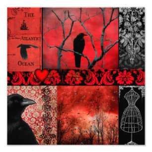 Gothic Red Kråka Collage Fototryck