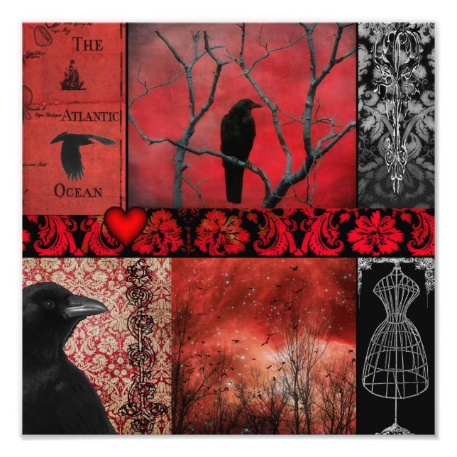 Gothic Red Kråka Collage Fototryck (Framsidan)