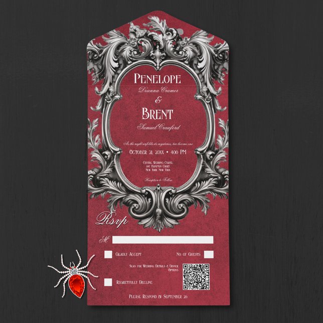 Gothic Red Moody Victorian Ram QR-kod (Gothic Red Moody Victorian Frame QR Code All In One Invitation)