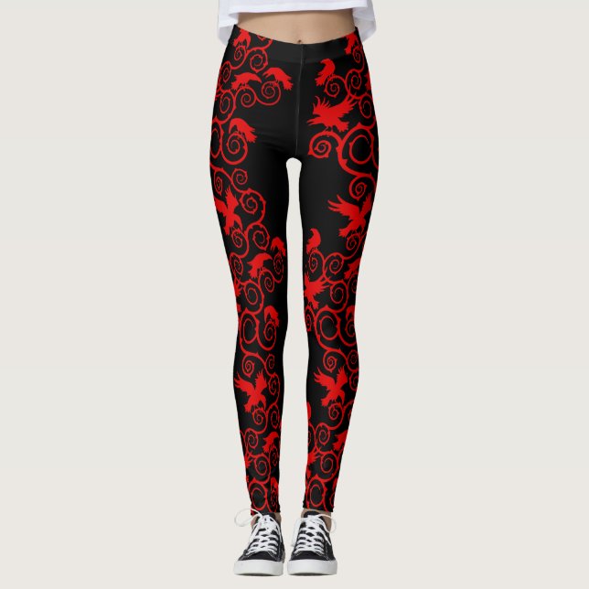 Gothic Red Ravens and Thorns Leggings (Framsida)