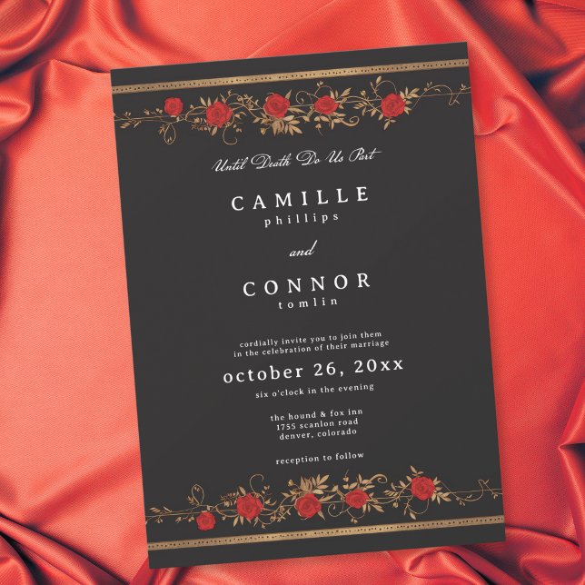 Gothic Red Rose Border Tills Mandomens Dag Bröllop Inbjudningar (Gothic Red Rose Border Until Death Wedding Invitation)
