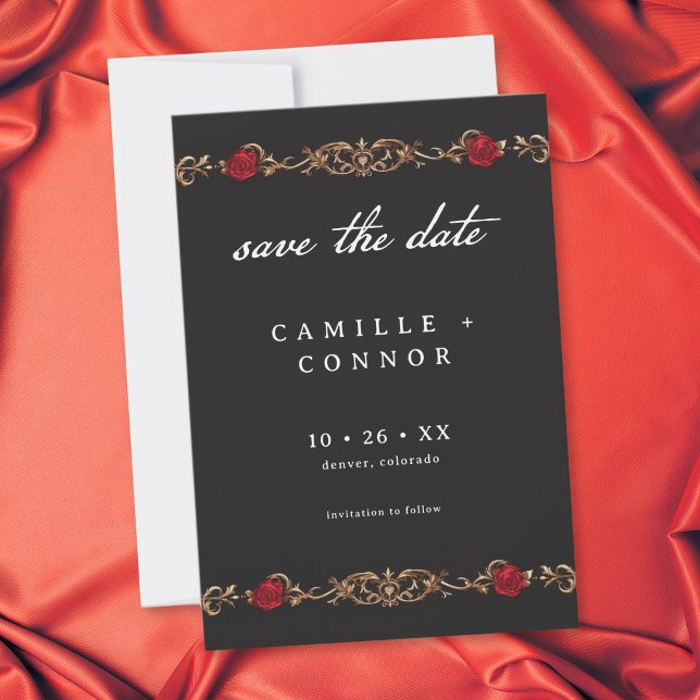 Gothic Red Rose Tills döden bröllop Spara Datumet (Gothic Red Rose Until Death Wedding Save The Date)