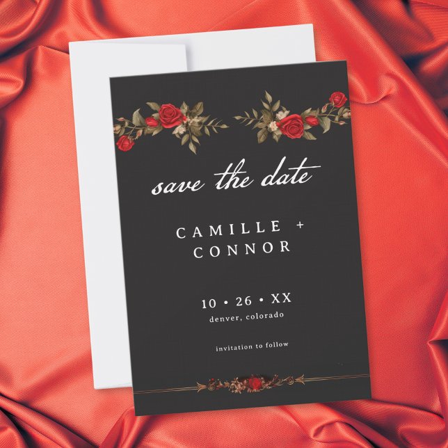 Gothic Red Rose Tills döden Bröllop Spara Datumet (Gothic Red Rose Until Death Wedding Save The Date)