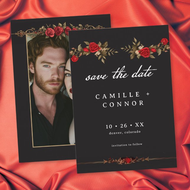 Gothic Red Rose Tills döden Foto Bröllop Spara Datumet (Gothic Red Rose Until Death Photo Wedding Save The Date)