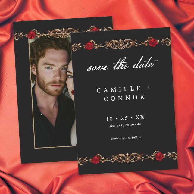 Gothic Red Rose Tills döden Foto Bröllop Spara Datumet (Gothic Red Rose Until Death Photo Wedding Save The Date)