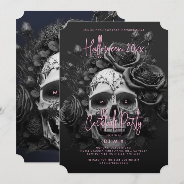 Gothic Retro Vuxen Halloween fest Skull Rosa Inbjudningar (Fram/baksida)