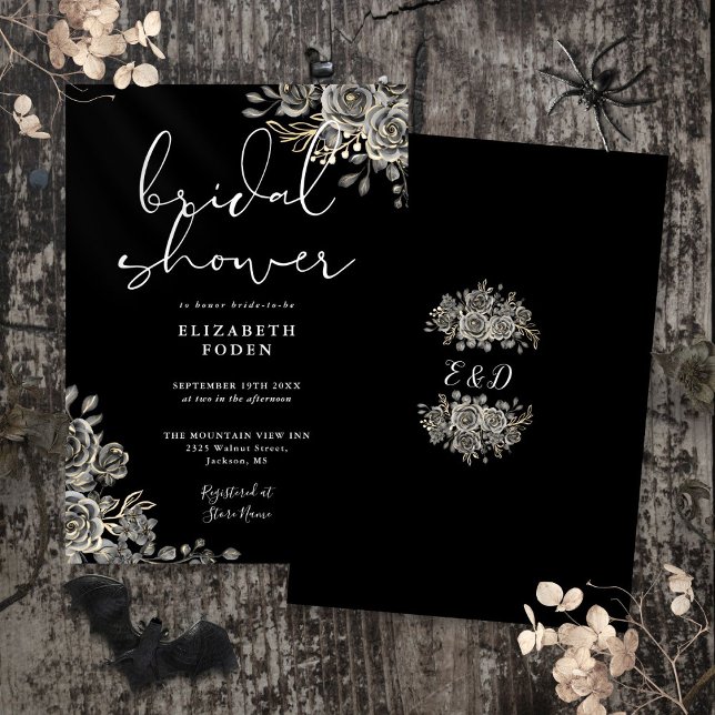 Gothic Ro Blommigt Black and White Möhippa Inbjudningar (Gothic Roses Floral Black And White Bridal Shower Invitation)