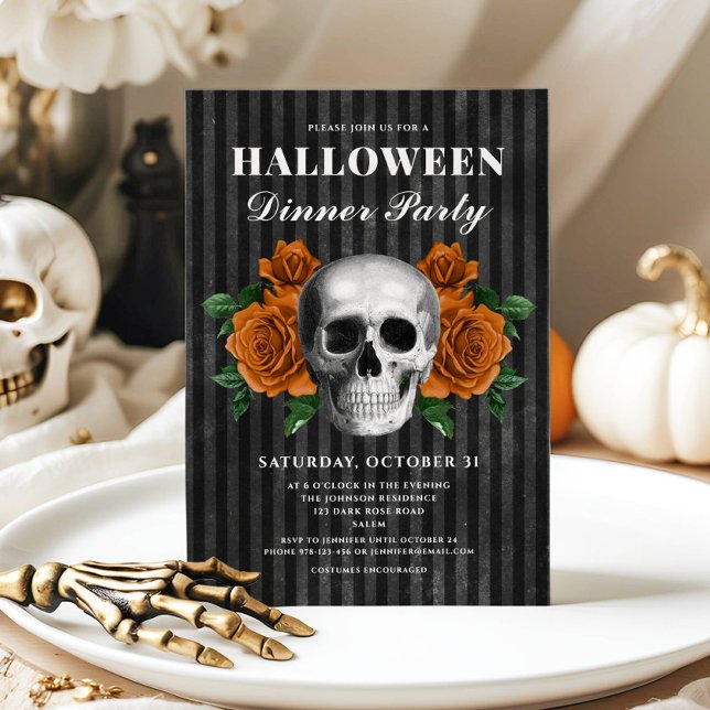Gothic Ro och Skull Halloween Middag Party Inbjudningar (Gothic Roses & Skull Halloween Dinner Party Invitation)
