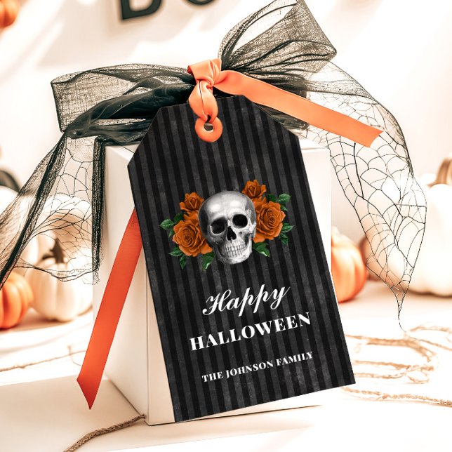 Gothic Ro & Skull Happy halloween Presentetikett (Gothic Roses & Skull Happy Halloween Gift Tags)