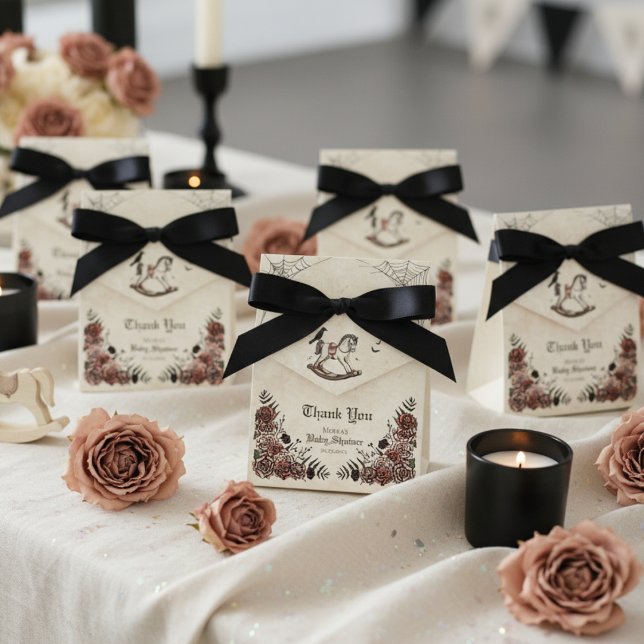Gothic Rocking Horse Halloween Baby Shower Presentaskar (Elegant Gothic Baby Shower Favor Box. Hand Drawn Victorian Rocking Horse, Pink Roses, Black Raven)