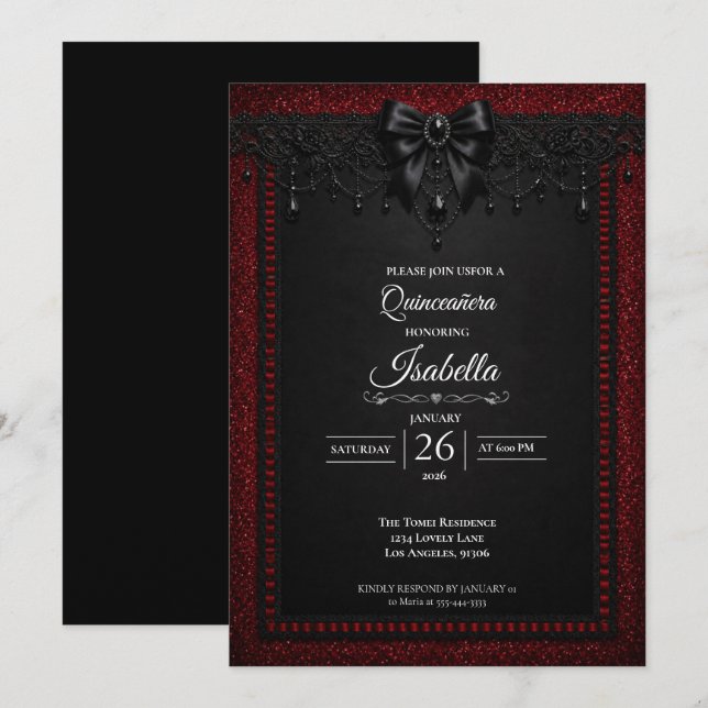 Gothic Röd glitter Quinceañera Inbjudningar (Fram/baksida)