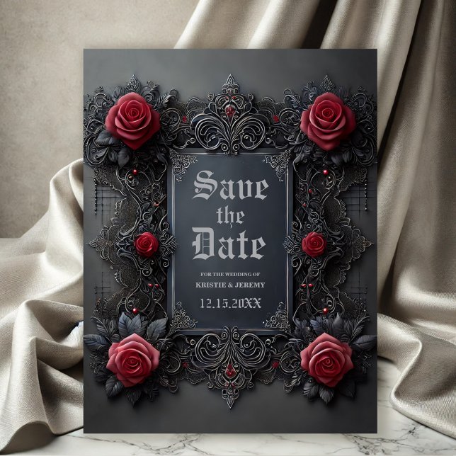 Gothic Röd ros på Grått Spara datum Meddelande Vykort (Gothic Save the Date postcard with Red Roses on a dark gray background.)