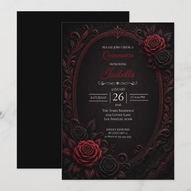 Gothic röda rosor Quinceañera Inbjudningar (Fram/baksida)