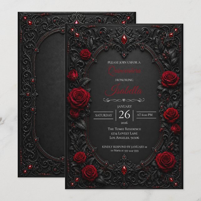 Gothic röda rosor Quinceañera Inbjudningar (Fram/baksida)