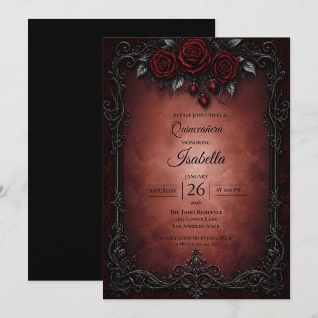 Gothic röda rosor Quinceañera Inbjudningar (Fram/baksida)