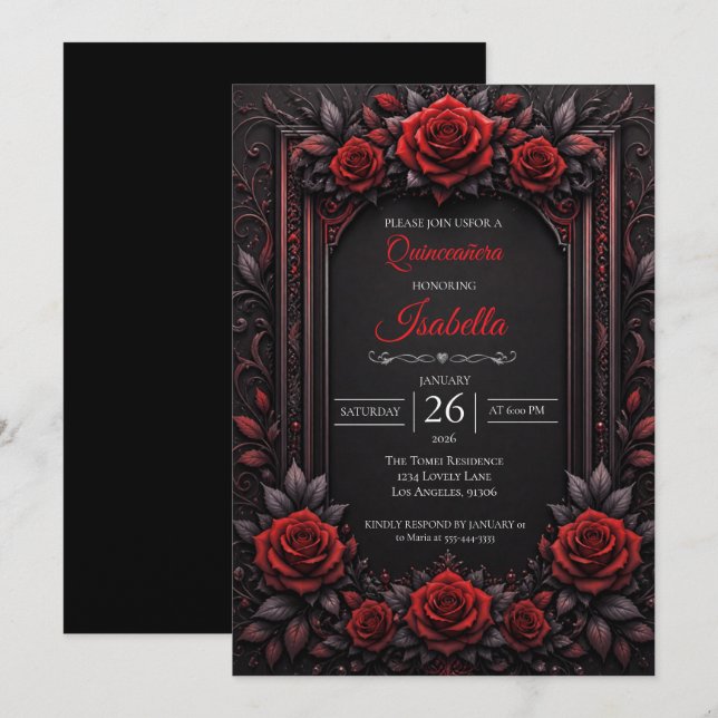 Gothic röda rosor Quinceañera Inbjudningar (Fram/baksida)