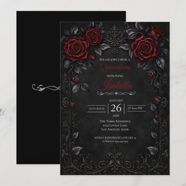 Gothic röda rosor Quinceañera Inbjudningar (Fram/baksida)