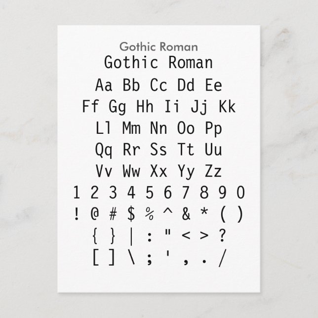 Gothic Roman - Zazzle Font Sampler Lakan Vykort (Framsida)