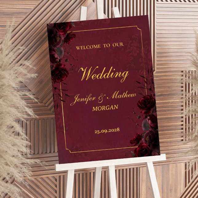Gothic Romance Burgundy Roses Elegant Welcome Sign Poster (Skapare uppladdad)