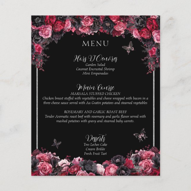 Gothic Rosa Red & Black Moody Quinceañera Menu (Framsida)