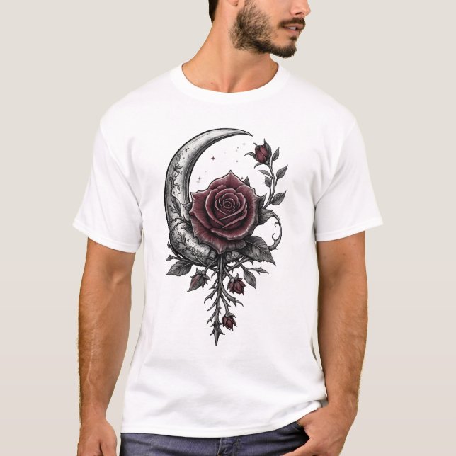 Gothic Rose Crescent Moon Dark Floral Artwork T Shirt (Framsida)