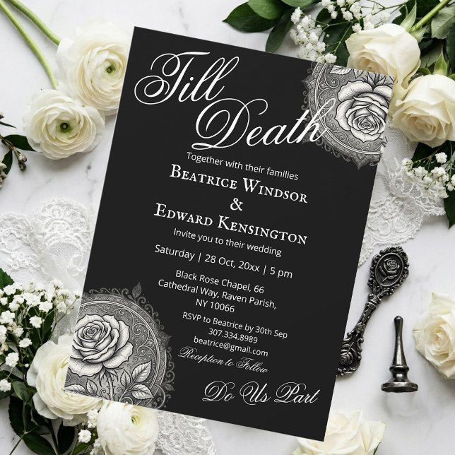 Gothic Roses Monokrom Minimalistisk Svart Bröllop  Inbjudningar (Gothic Roses Monochrome Minimalist Black Wedding Invitation)