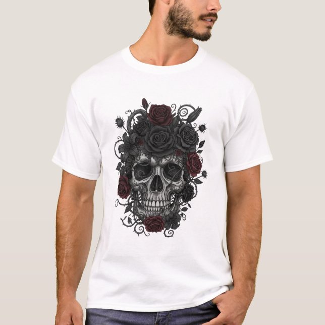 Gothic Roses Skull – Día de los Muertos Art T Shirt (Framsida)