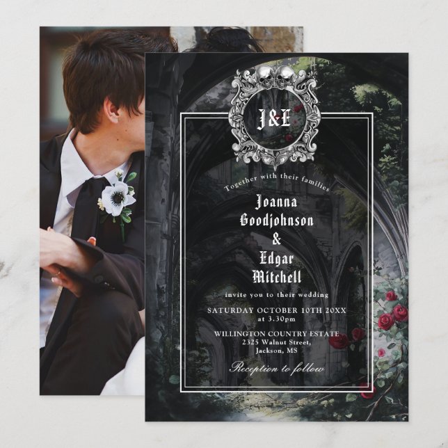 Gothic Ruins Roses Floral Monogram Photo Wedding Inbjudningar (Fram/baksida)