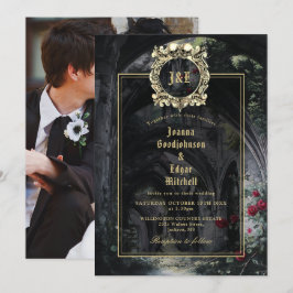 Gothic Ruins Roses Floral Monogram Photo Wedding Inbjudningar