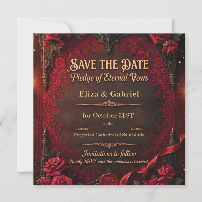 Gothic Save the Date med röd ros och vaxsigill Spara Datumet (Framsida)