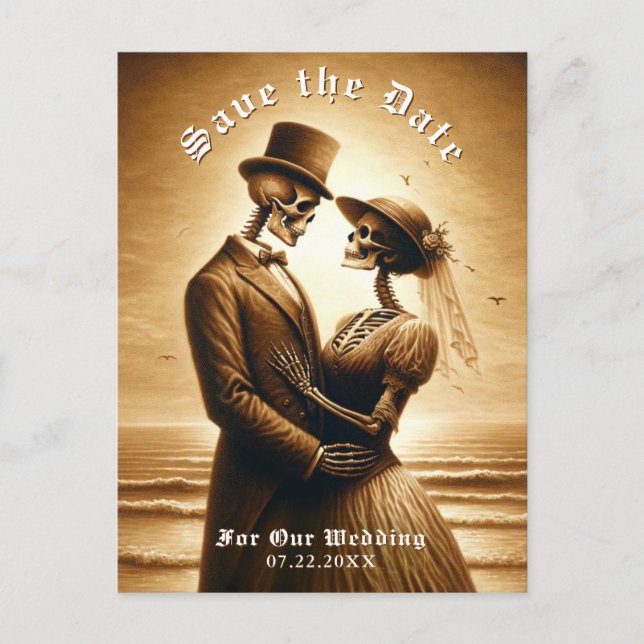 Gothic Sepia Skeleton Couple Wedding Save the Date Meddelande Vykort (Framsida)