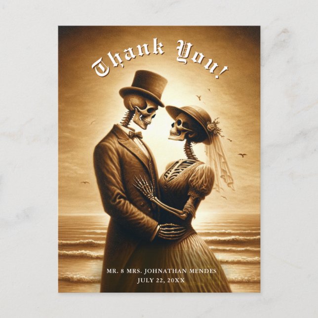Gothic Sepia Skelettpar Bröllop Tack Vykort (Framsida)