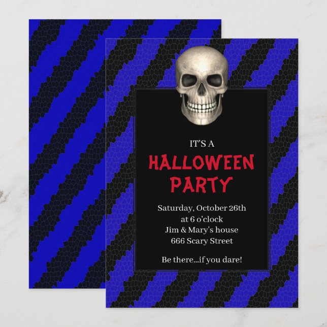 Gothic Skalle Blå Rand Halloweenfest Inbjudningar (Fram/baksida)
